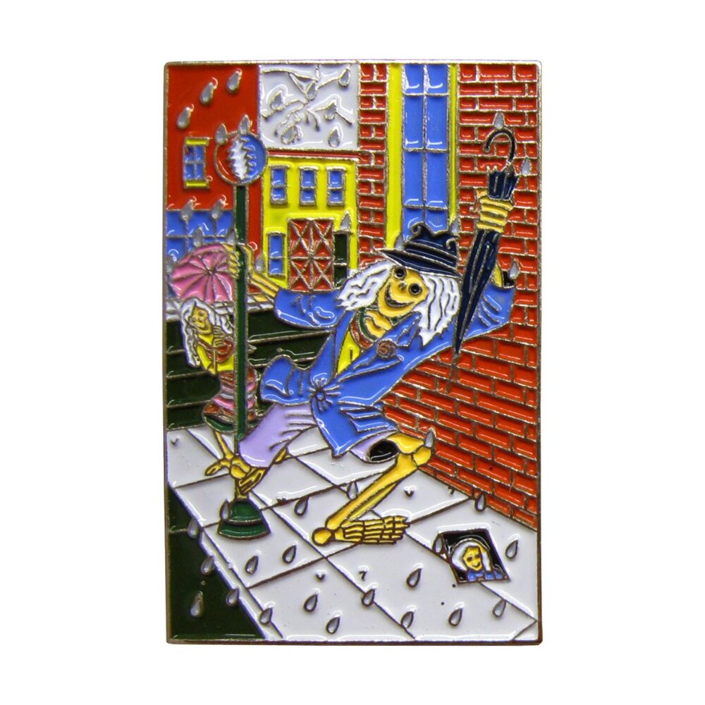 Dancing Skeletons in Rain Parody Enamel Pin - 1970s Funny Hippie Music Gift NWT